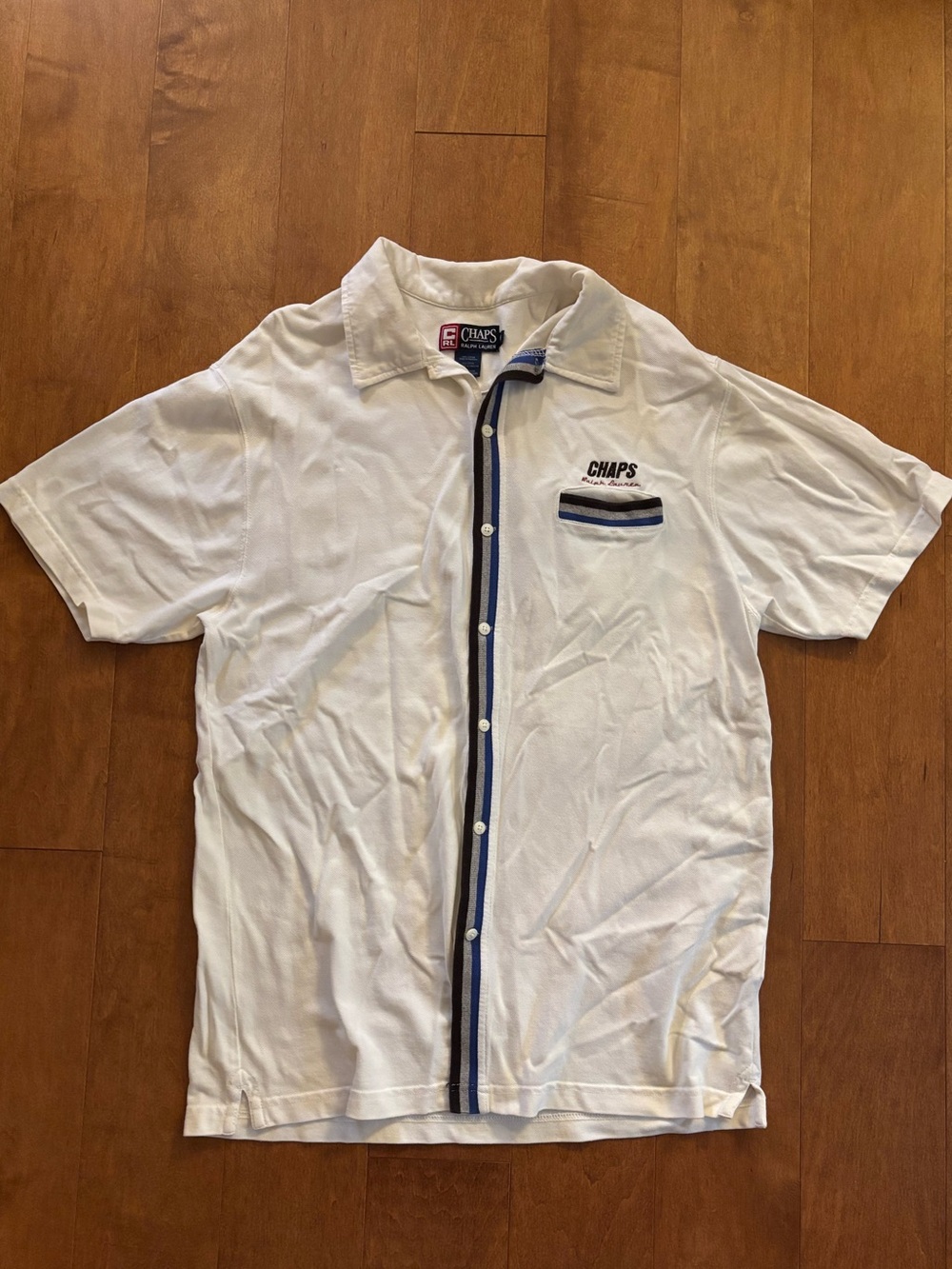 VTG Chaps Ralph Lauren White Striped Pocket Polo Knit Shirt Men’s